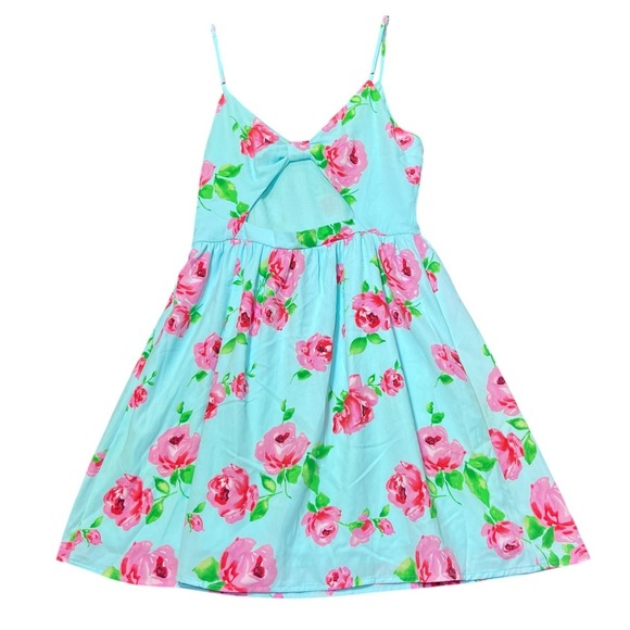 Bo Bel Dress Womens Small Aqua Blue Floral Bow Back Sleeveless Fit Flare Summer - Picture 3 of 16